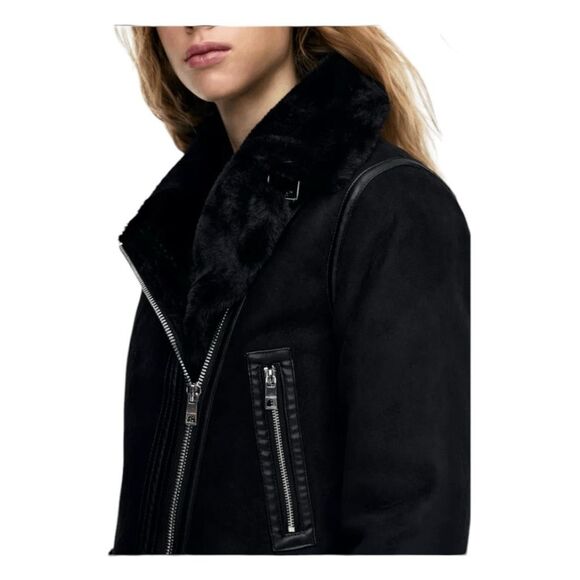 Pull & Bear Double-Faced Vegan Suede Jacket Black Faux Fur Lined Buckle Detail X - Picture 4 of 13